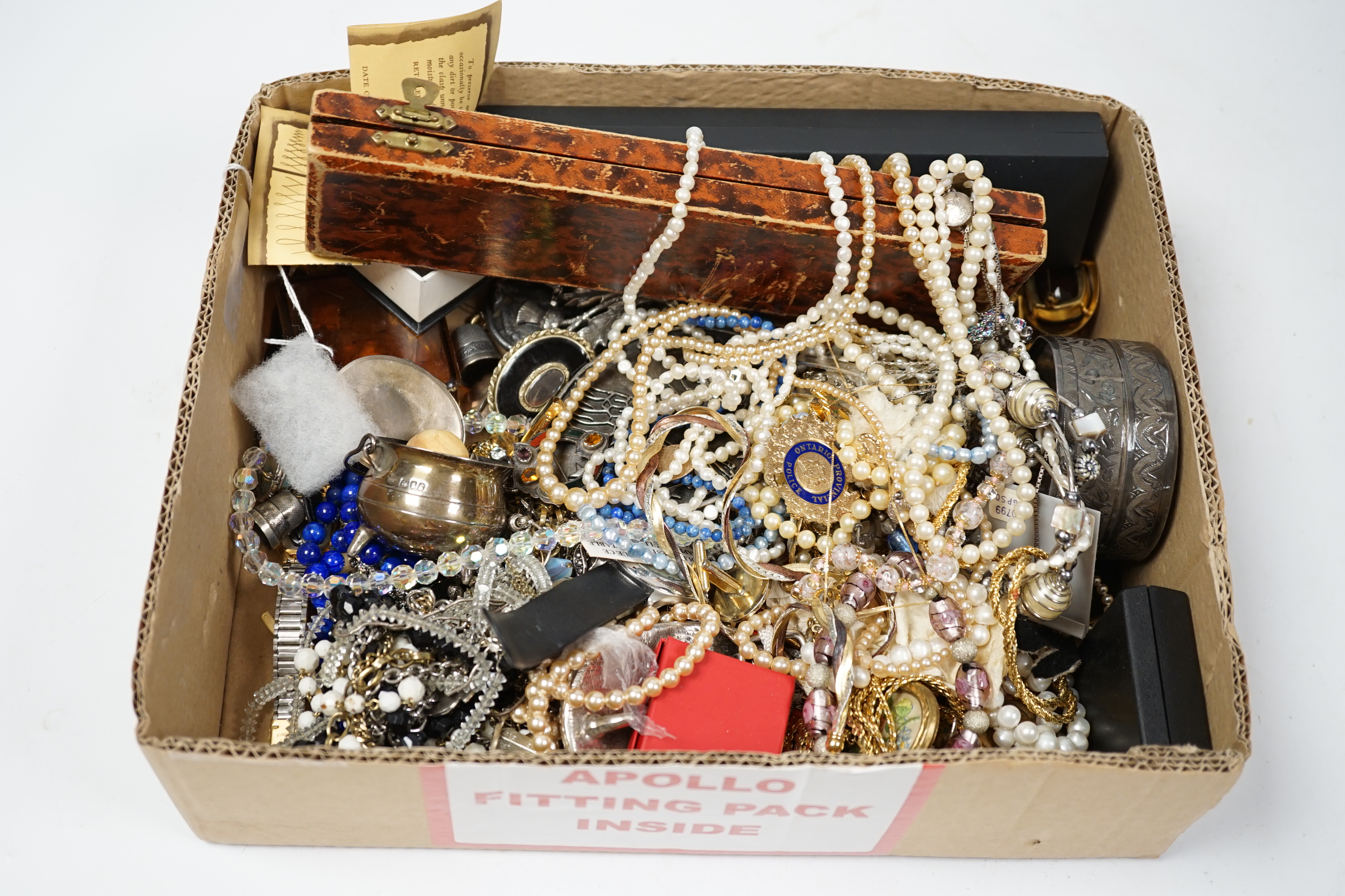 A quantity of assorted mainly costume jewellery and wrist watches, including a 19th century yellow metal and split coral set mourning brooch, a Scottish hardstone set white metal brooch and a Victorian silver oval locket